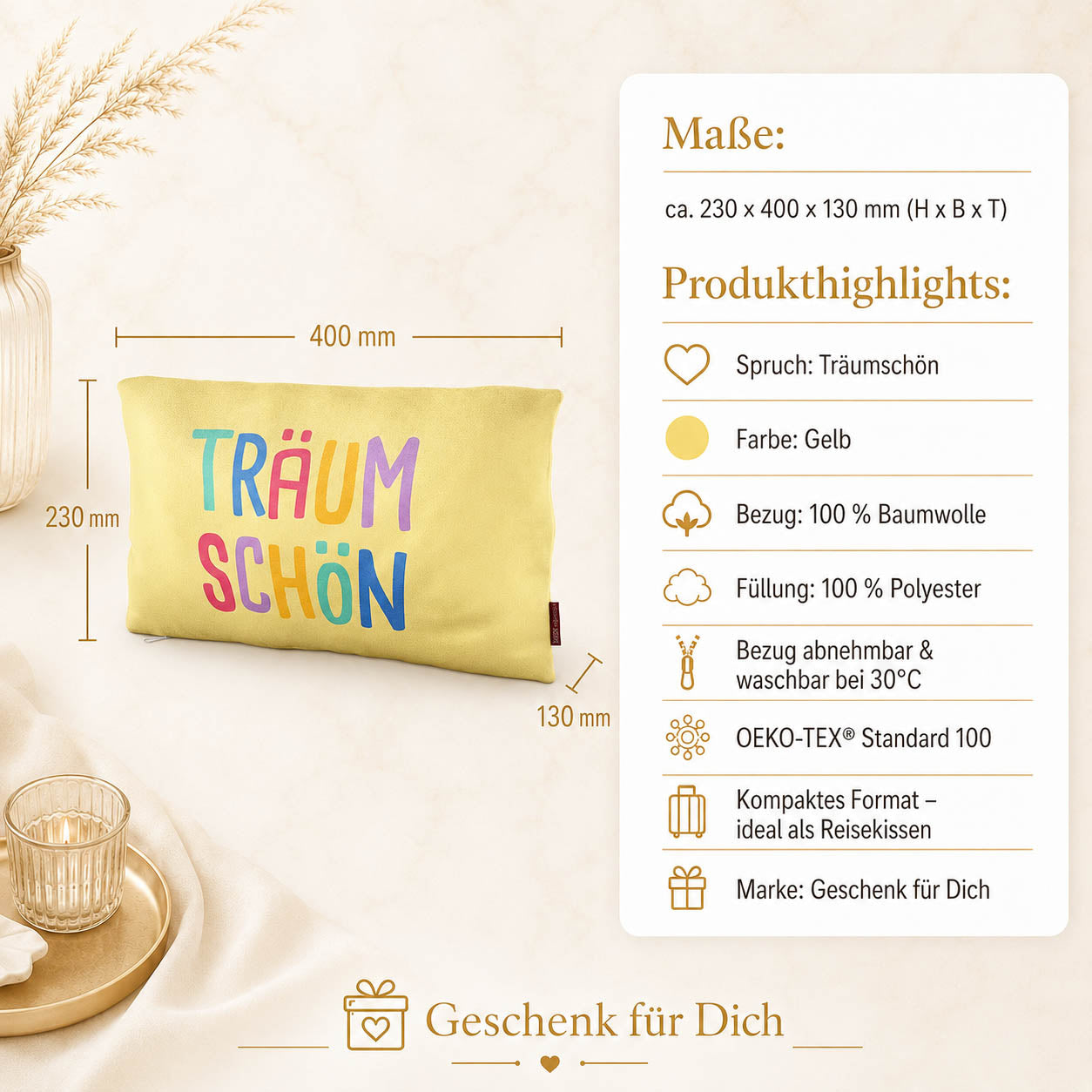 Kissen „Träumschön“ Gelb – Geschenk für Dich (Highlight)