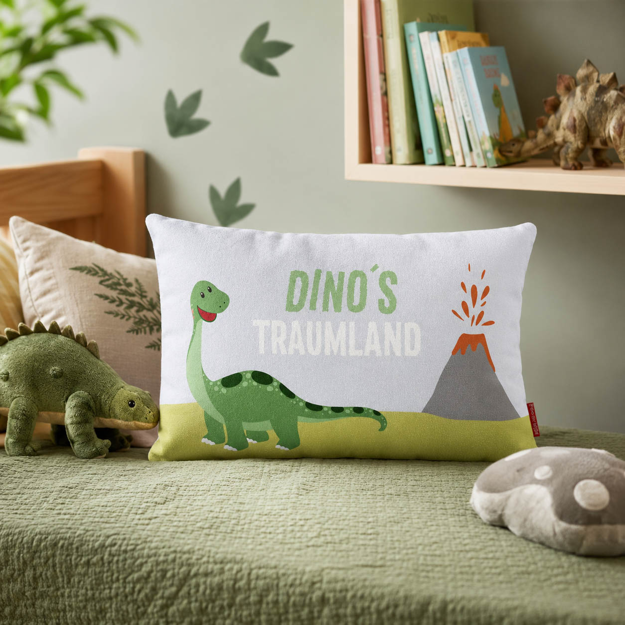 Kinderkissen Dino Dinos Traumland mit Dinosaurier und Vulkan, dunkelgrüne Rückseite