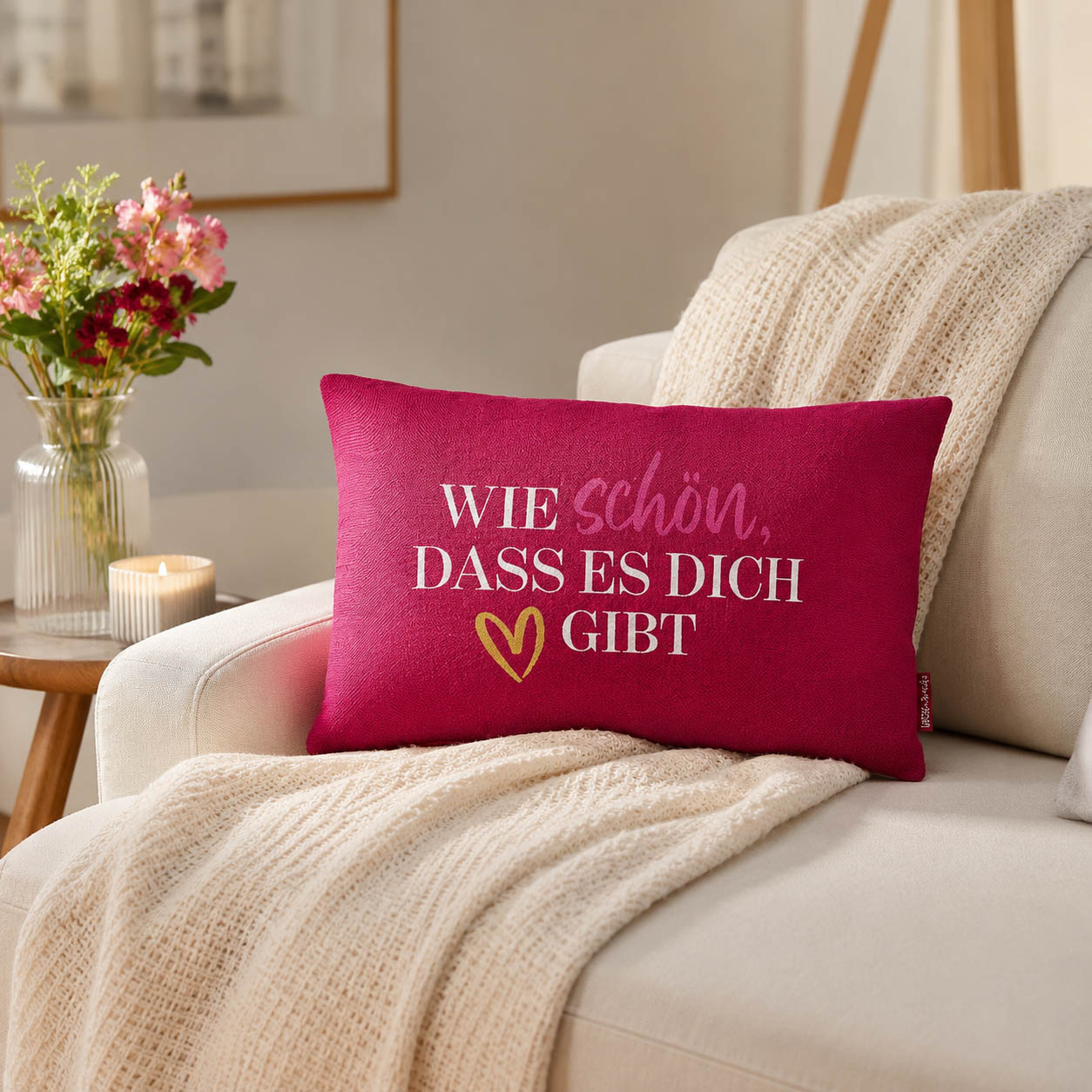 Pinkes Kissen „Wie schön, dass es Dich gibt“ – Geschenk für die beste Freundin