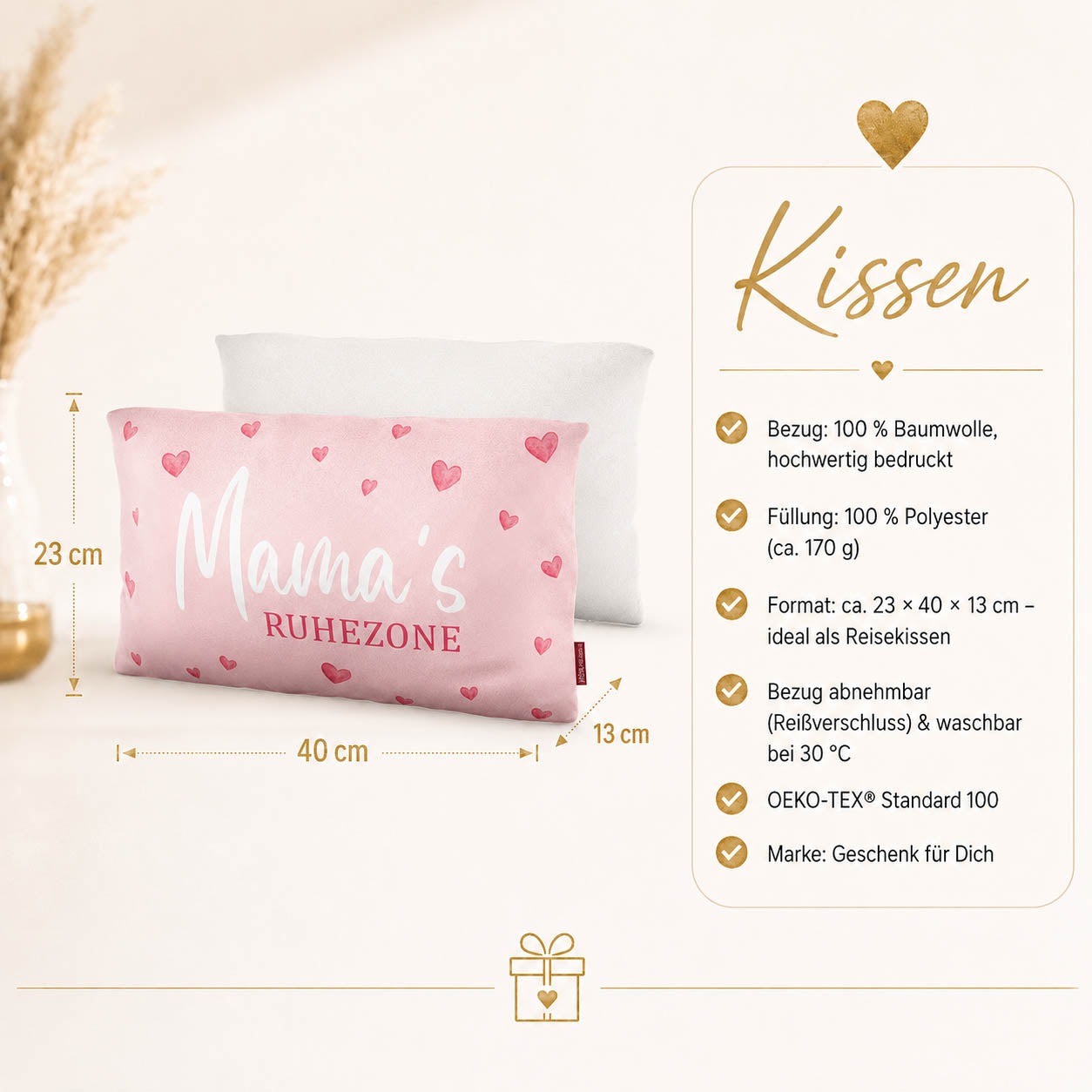 Kissen „Mamas Ruhezone“ – 23 x 40 x 13 cm, Baumwollbezug, OEKO-TEX Standard 100