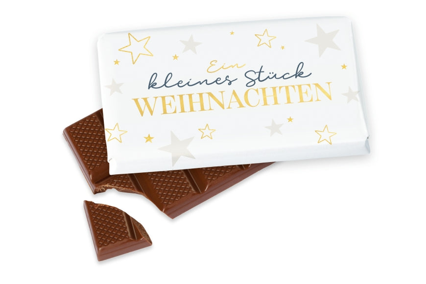 Weihnachtsschokolade mit Spruch Ein kleines Stück Weihnachten, weiß mit goldenen Sternen, Vollmilch 40 g – Geschenk für Dich