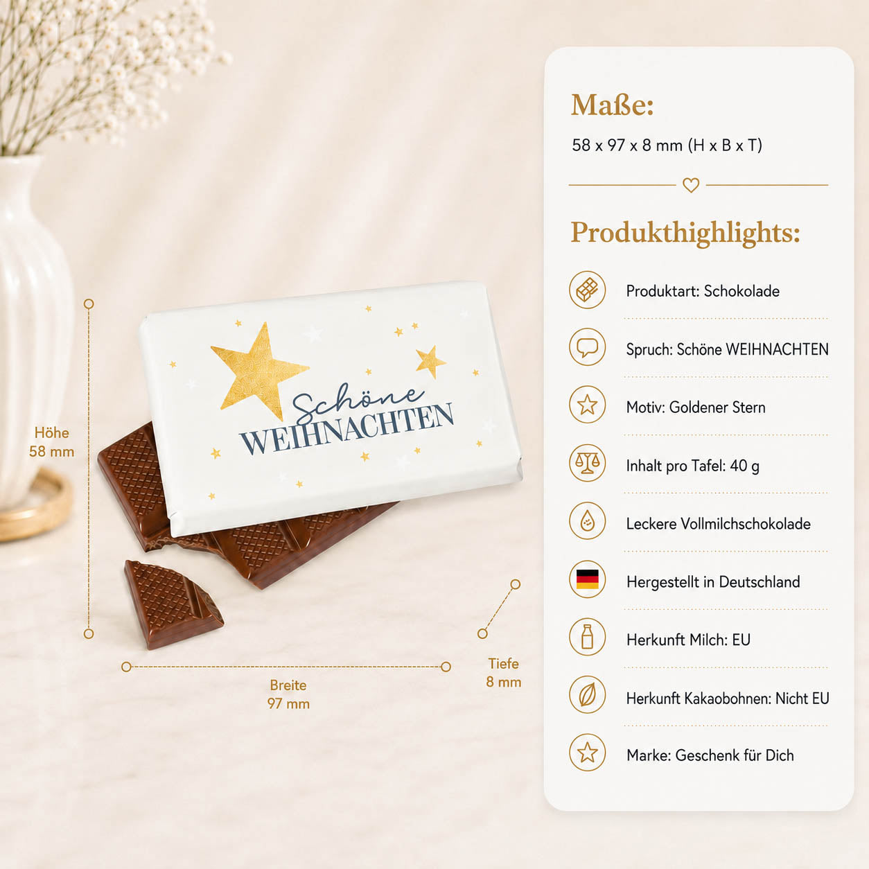 Weihnachtsschokolade mit Spruch Schöne Weihnachten, creme mit großem goldenen Stern, Vollmilch 40 g – Geschenk für Dich – Produkt-Highlights