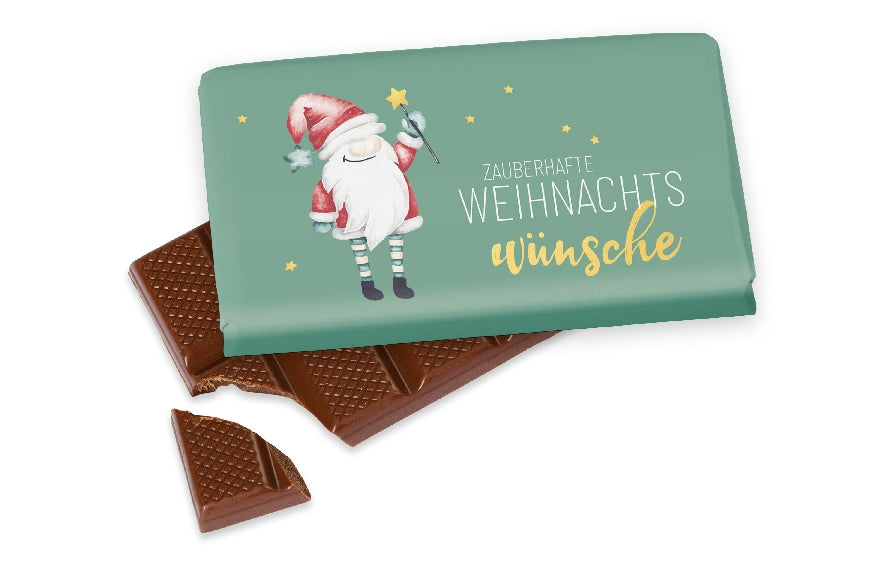 Vollmilchschokolade mit Aufschrift „Zauberhafte Weihnachtswünsche“ & lustigem Weihnachts-Wichtel-Motiv von Geschenk für Dich
