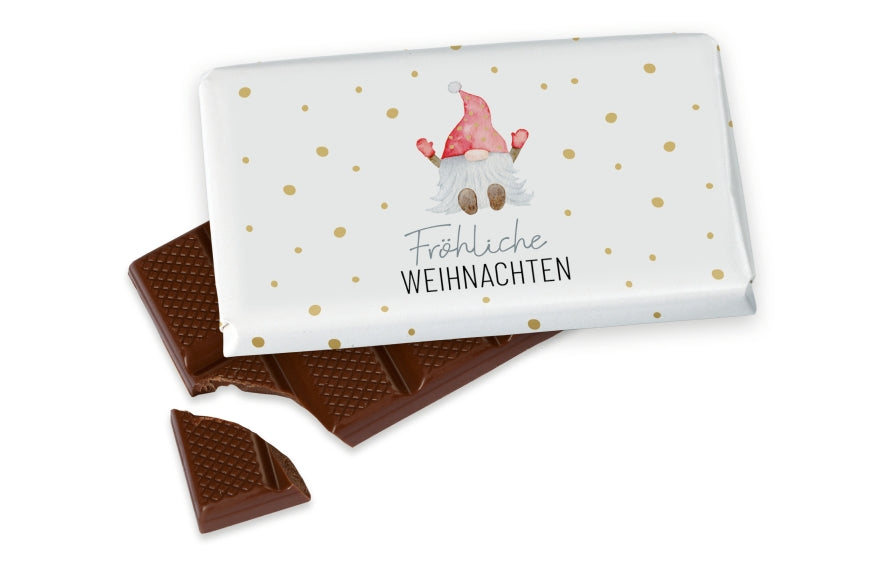 Vollmilchschokolade mit Aufschrift „Fröhliche Weihnachten“ & niedlichem Weihnachts-Wichtel-Motiv von Geschenk für Dich