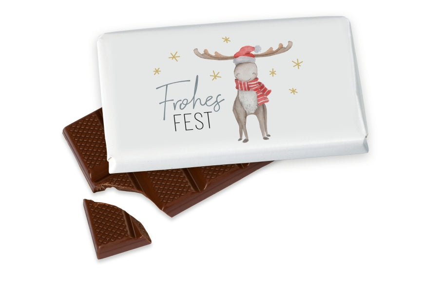 Vollmilchschokolade mit Aufschrift Frohes Fest & süßen Weihnachts-Elch Motiv von Geschenk für Dich