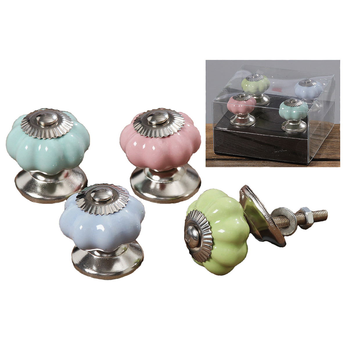 4er Set Keramik-Möbelknöpfe von Boltze in Rosa, Türkis, Hellblau & Grün.