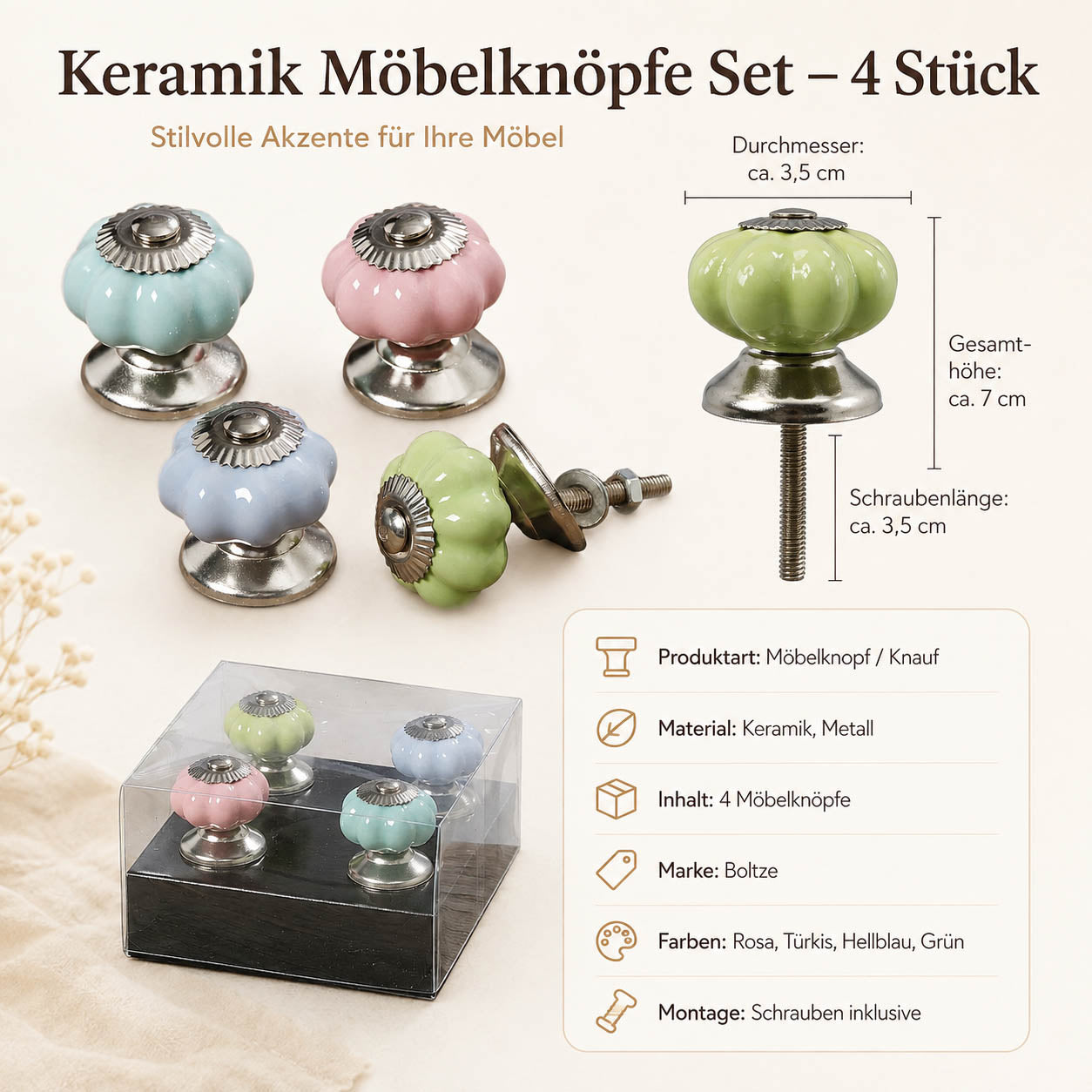 Maßangaben der Möbelknöpfe: Ø ca. 3,5 cm, Gesamthöhe ca. 7 cm, Schraubenlänge ca. 3,5 cm, Material Keramik und Metall, 4er Set von Boltze