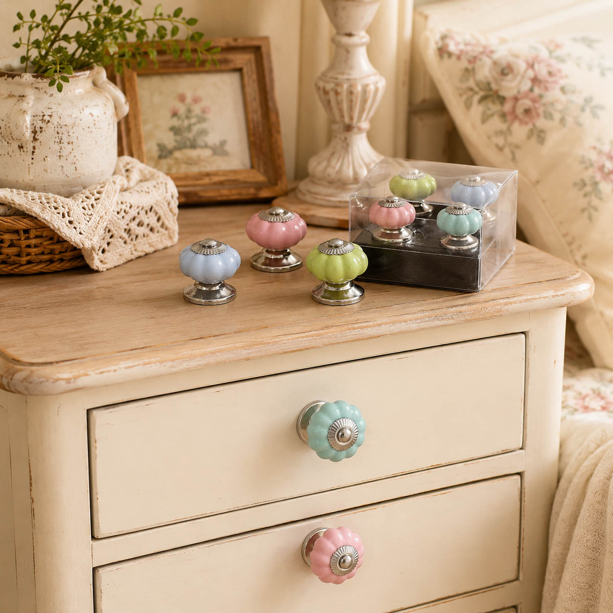 Pastellfarbene Schrankknöpfe montiert an einer cremefarbenen Vintage-Kommode im Landhausstil