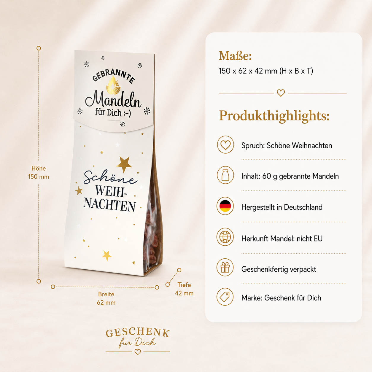 Gebrannte Mandeln „Schöne Weihnachten“ – Highlights: 60 g, Honig & Vanillezucker, hergestellt in Deutschland