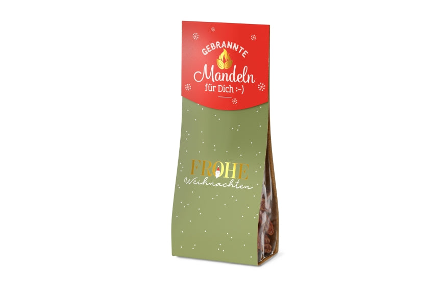 Gebrannte Mandeln „Frohe Weihnachten“ – 60 g im grünen Tütchen mit Santa-Motiv