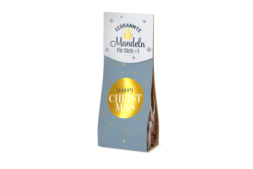 Gebrannte Mandeln „Merry Christmas“ – 60 g im grauen Tütchen mit goldenem Kreis und Sternen