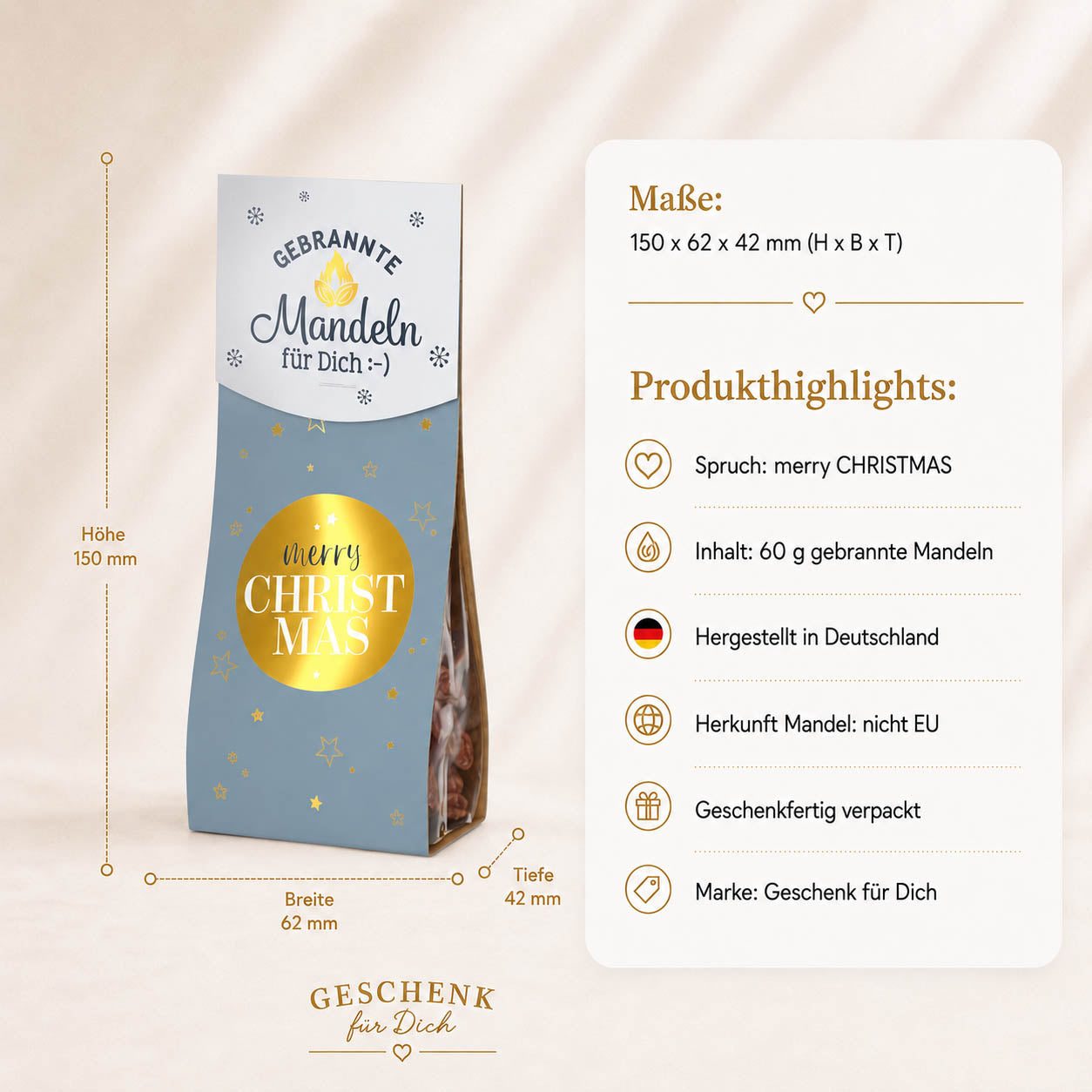 Gebrannte Mandeln „Merry Christmas“ – Highlights: 60 g, Honig & Vanillezucker, hergestellt in Deutschland