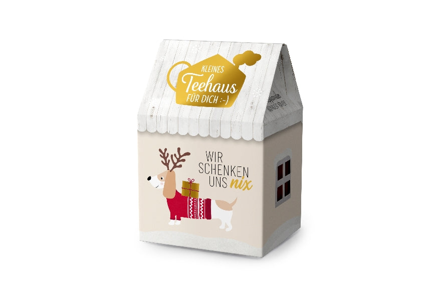 Kleines Teehaus mit Aufschrift Wir schenken uns nix & süßem Weihnachts-Dackel Motiv von Geschenk für Dich