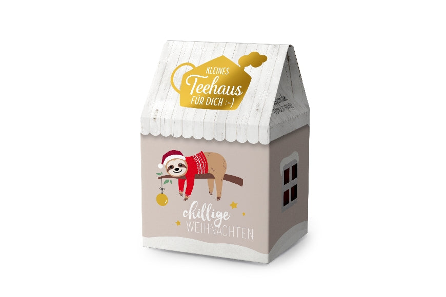 Kleines Teehaus „Chillige Weihnachten“ mit Weihnachts-Faultier-Motiv von Geschenk für Dich