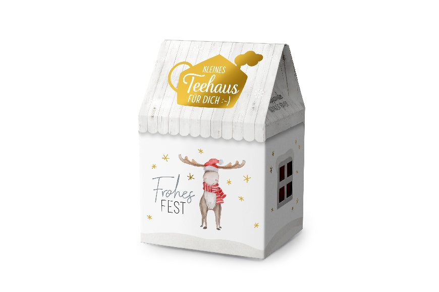 Kleines Teehaus mit Aufschrift Frohes Fest & Weihnachts-Elch Motiv von Geschenk für Dich