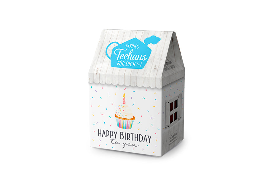 Kleines Teehaus „Happy Birthday to you“ mit Törtchenmotiv von Geschenk für Dich. 8 Teepyramiden Früchtetee