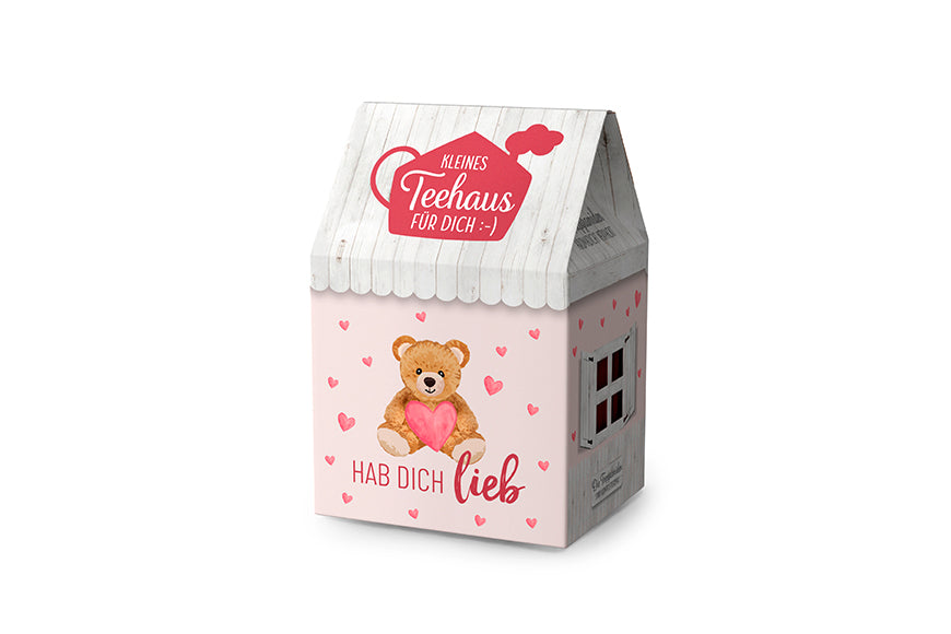 Kleines Teehaus mit Aufschrift „Hab Dich lieb“ Motiv süßer Teddy mit Herz von Geschenk für Dich. 8 Teepyramiden Früchtetee