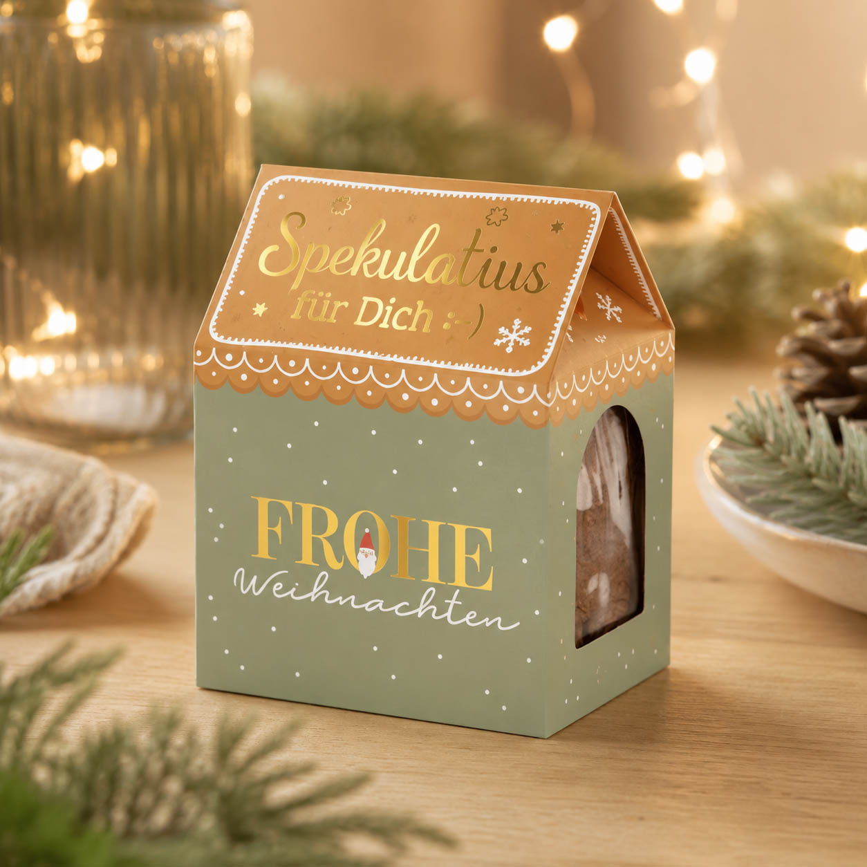Spekulatius Frohe Weihnachten Salbeigrün Häuschen-Verpackung stimmungsvoll – Geschenk für Dich