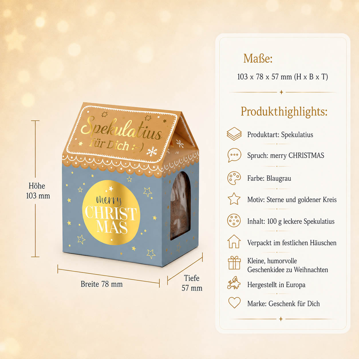 Spekulatius Merry Christmas – Maße und Produkthighlights, 100 g im Häuschen