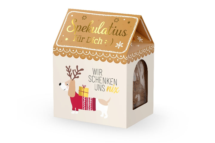 Spekulatius-Kekse „Wir schenken uns nix“ mit süßem weihnachtlichen Dackel als Motiv von Geschenk für Dich