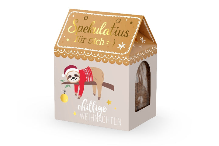 Spekulatius-Kekse „Chillige Weihachten“ mit süßem weihnachtlichen Faultier als Motiv von Geschenk für Dich