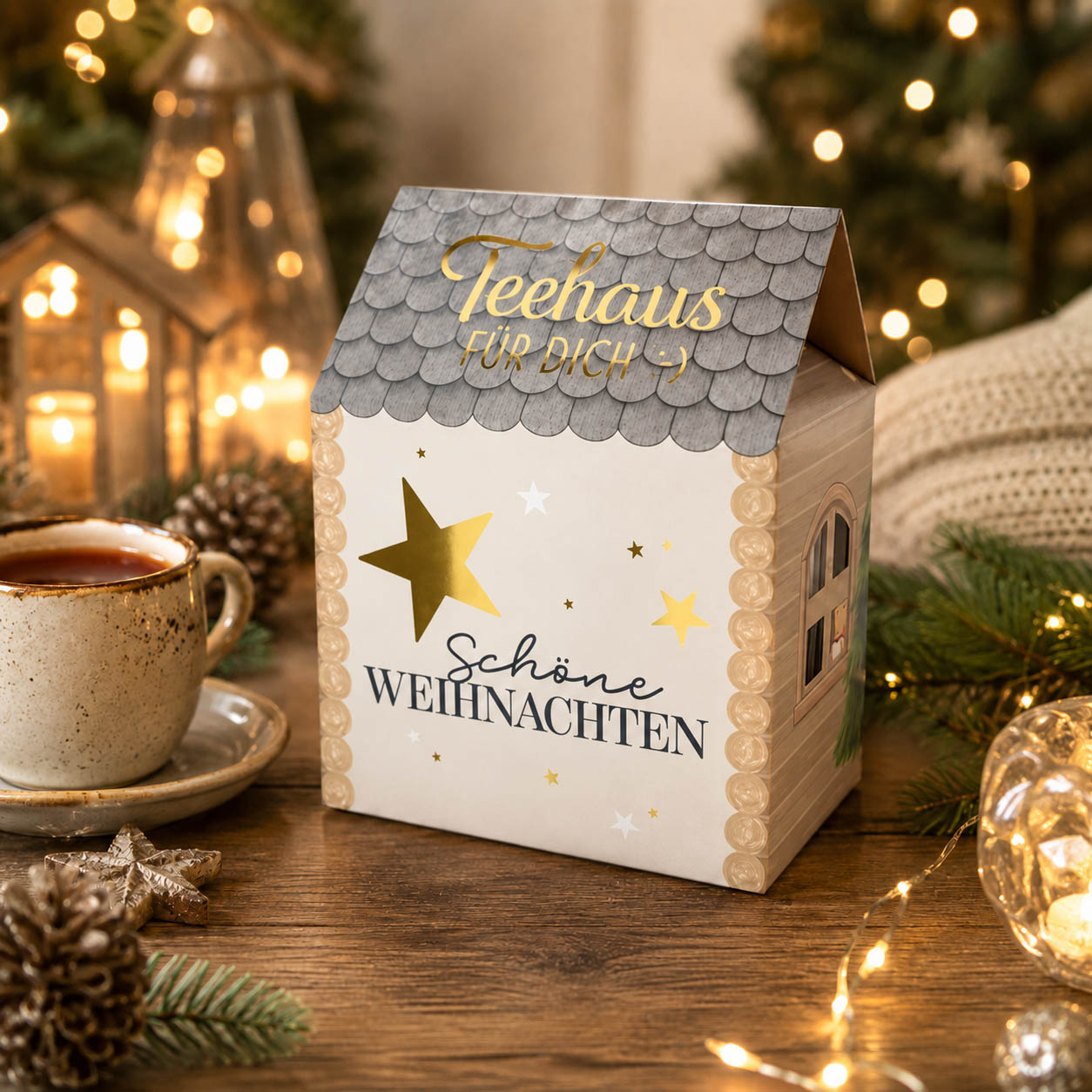 Teehaus Schöne Weihnachten Cremeweiß stimmungsvoll mit Tannengrün – Geschenk für Dich