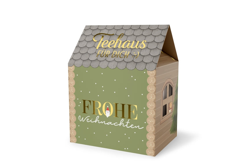 Teehaus mit Spruch Frohe Weihnachten in Salbeigrün mit Weihnachtsmann, Rooibos-Sahne-Karamell-Tee – Geschenk für Dich