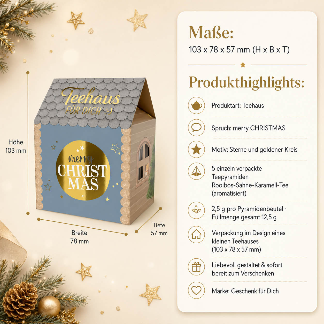 Teehaus Merry Christmas – Maße und Produkthighlights, 5 Teepyramiden Rooibos-Sahne-Karamell