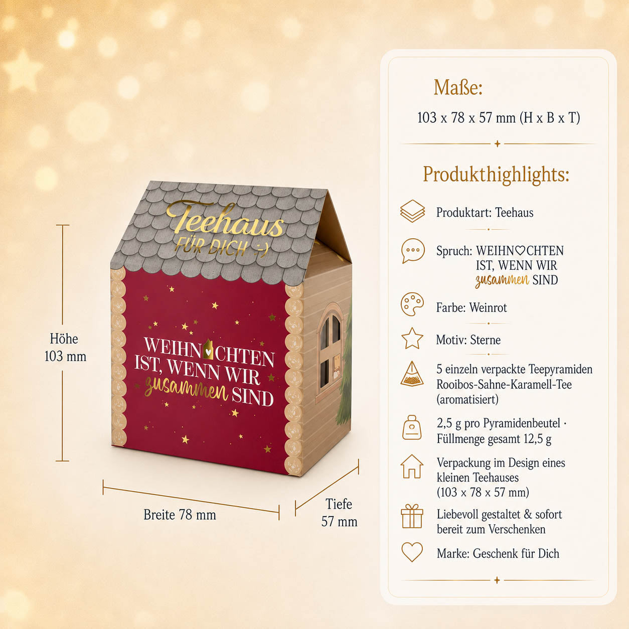 Teehaus Weihnachten ist wenn wir zusammen sind – Maße und Produkthighlights, 5 Teepyramiden Rooibos-Sahne-Karamell