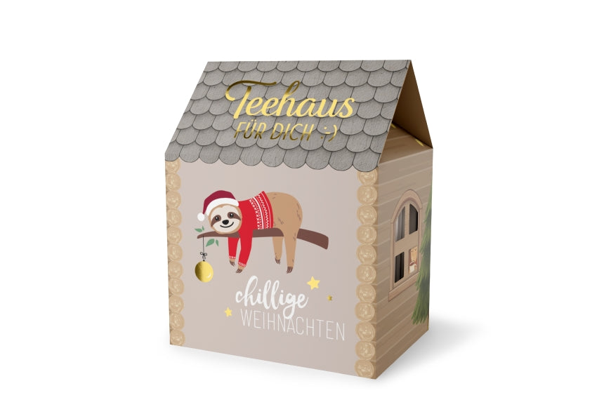 Teehaus für Dich Chillige Weihnachten in Taupe mit Faultier im Weihnachtspulli, 5 Teepyramiden Rooibos-Sahne-Karamell – Geschenk für Dich