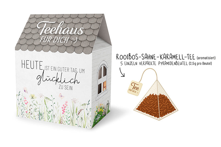 Teehaus für Dich »Heute ist ein guter Tag, um glücklich zu sein« – Lovely Greetings Blumenwiese mit Rooibos-Sahne-Karamell-Tee