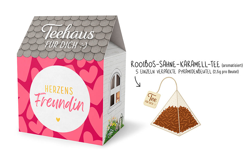 Teehaus für Dich »Herzens Freundin« – Auf uns Mädels, pinkes Teehaus mit Herzen, Rooibos-Sahne-Karamell-Tee