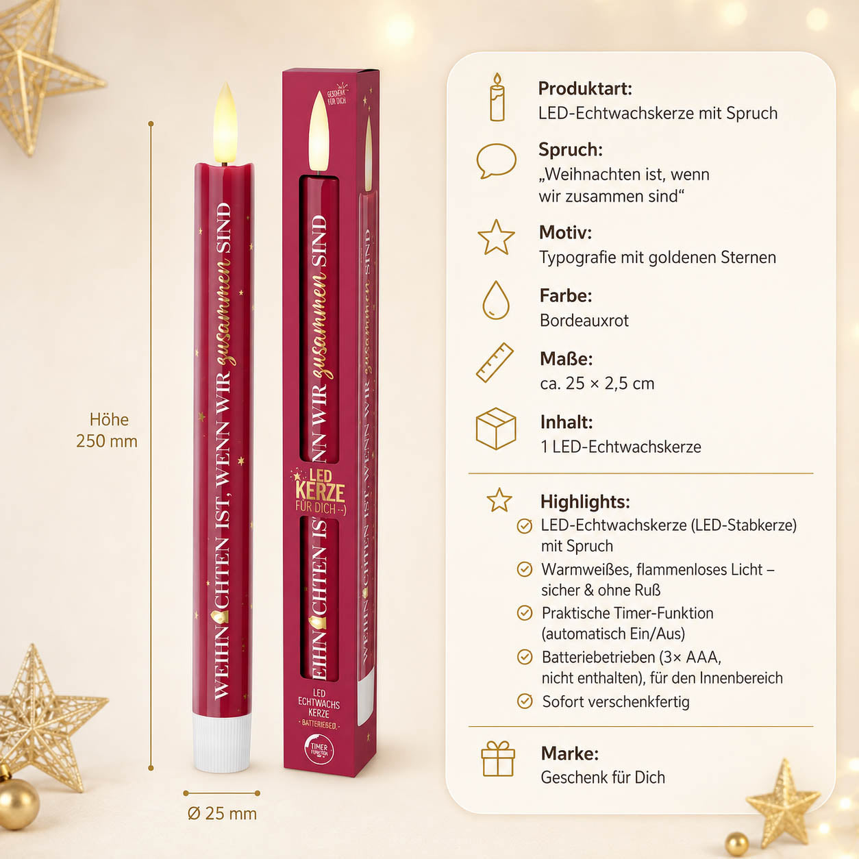 LED-Stabkerze „Weihnachten ist, wenn wir zusammen sind“ – Highlights: LED-Echtwachskerze, Timer, 3x AAA, Maße 25 x 2,5 cm