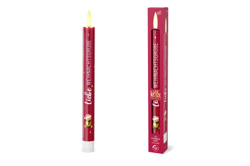 LED-Stabkerze Liebe Weihnachtsgrüße mit Teddybär-Motiv, beerenfarben, flammenlose Echtwachskerze – Geschenk für Dich