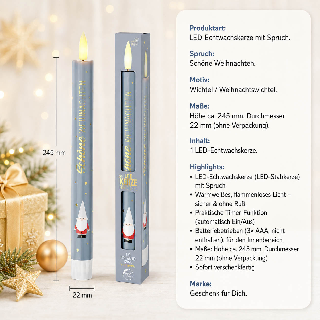 LED-Stabkerze Schöne Weihnachten – Highlights, LED-Echtwachs, Timer, 3x AAA, Höhe 245 mm