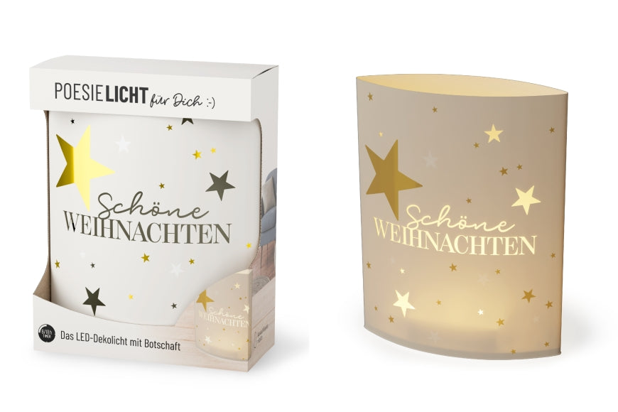 Poesielicht mit Spruch »Schöne Weihnachten« – weißes LED-Dekolicht mit goldenen Sternen, leuchtend