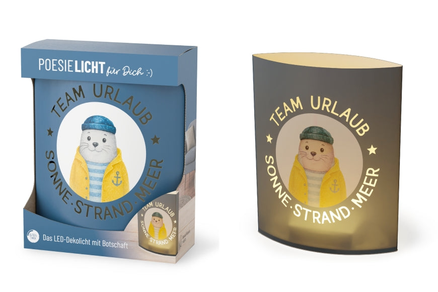 Blaues LED-Poesielicht mit Seehund-Motiv und Spruch „Team Urlaub – Sonne – Strand – Meer“ von Geschenk für Dich