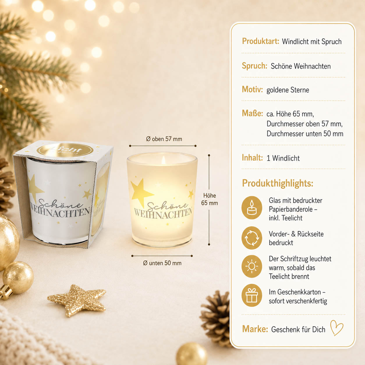 Windlicht mit Spruch »Schöne Weihnachten« – Produkt-Highlights, Maße, inkl. Teelicht