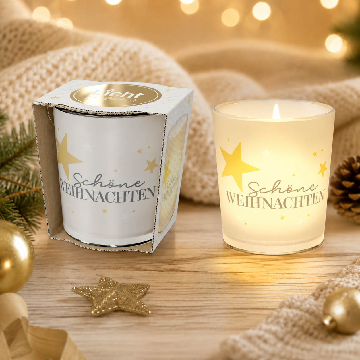 Windlicht mit Spruch »Schöne Weihnachten« – Stimmungsbild