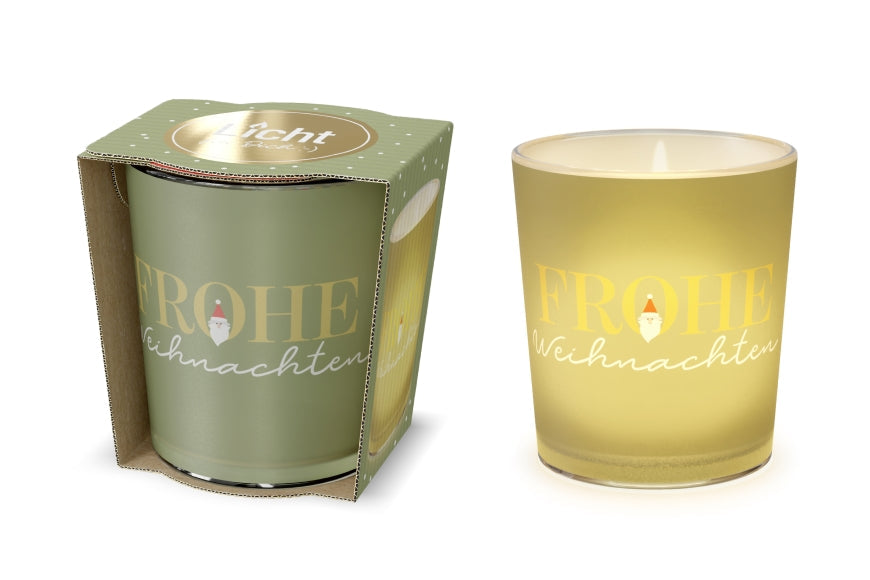 Windlicht mit Spruch »Frohe Weihnachten« – grünes Glas mit Wichtel-Motiv, leuchtend, im Geschenkkarton