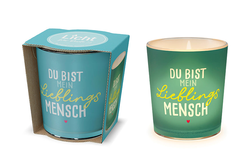 Petrolfarbenes Windlicht mit Spruch Du bist mein Lieblingsmensch und kleinem Herz – Happy Greetings