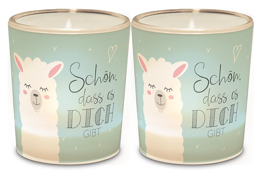 Windlicht mit Lama-Motiv & Spruch „Schön, dass es Dich gibt“, Vorder- & Rückseite