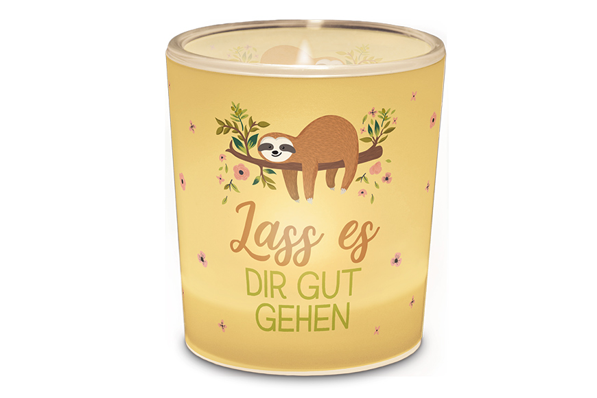 Windlicht aus Glas mit Faultier-Motiv und Spruch Lass es Dir gut gehen