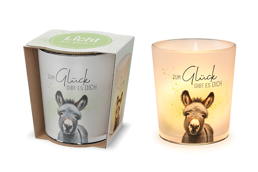Windlicht „Zum Glück gibt es Dich“ von Geschenk für Dich mit süßem Esel-Motiv