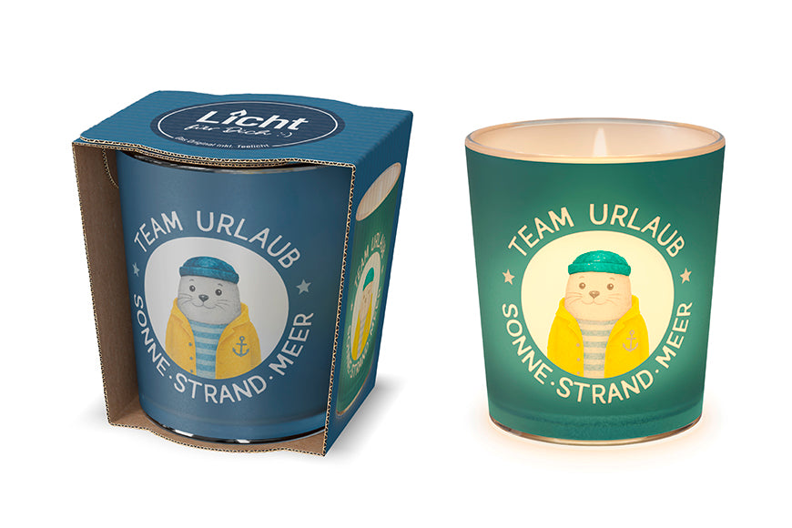 Maritimes Glas-Windlicht mit Seehund-Motiv und Urlaubs-Spruch „Team Urlaub – Sonne – Strand – Meer“ von Geschenk für Dich