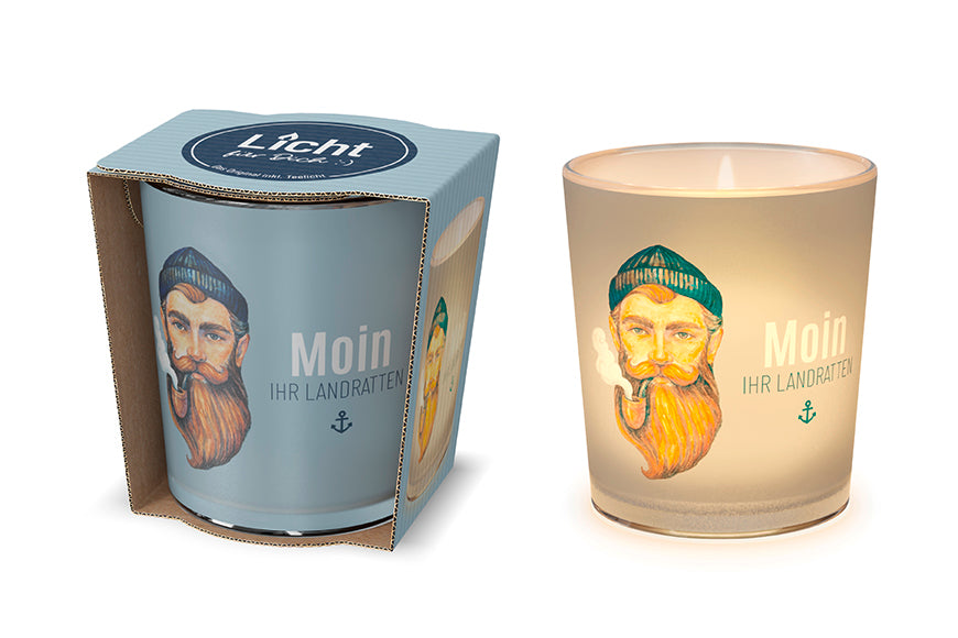 Maritimes Glas-Windlicht mit Seemann-Motiv und nordischem Spruch „Moin ihr Landratten“ von Geschenk für Dich