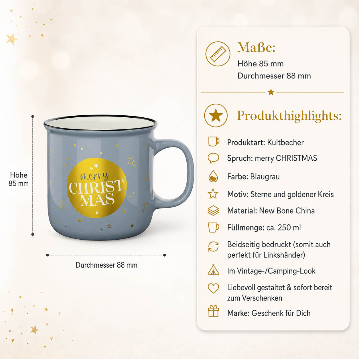 Kultbecher Merry Christmas – Maße und Produkthighlights, 250 ml New Bone China