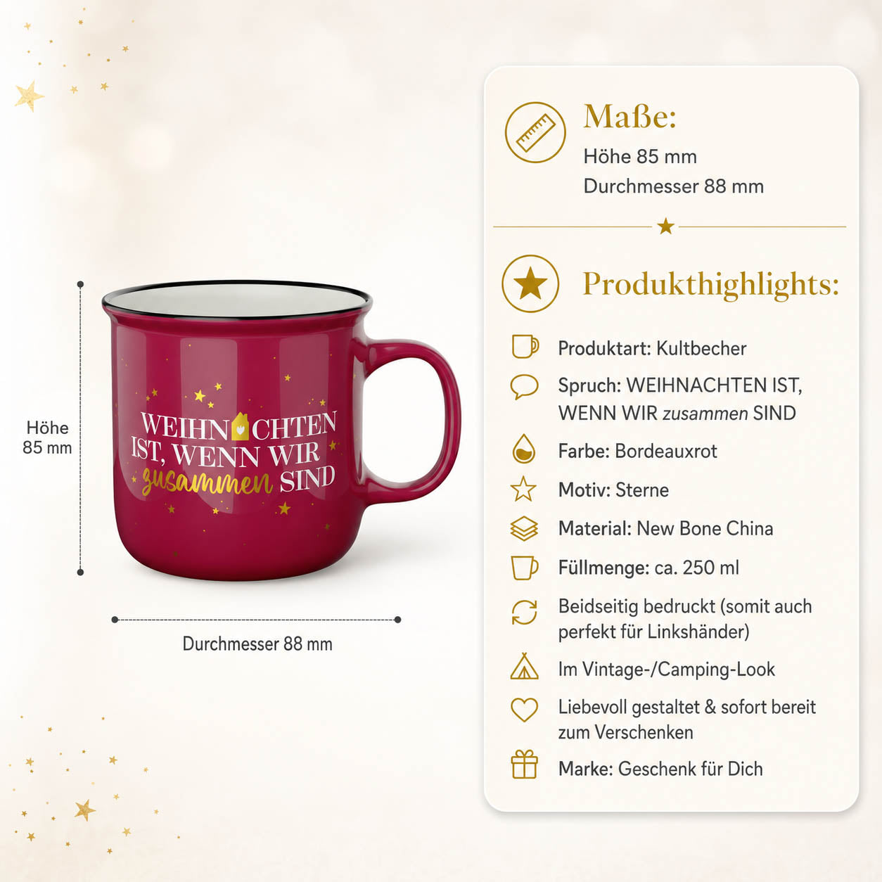 Kultbecher Weihnachten ist wenn wir zusammen sind – Maße und Produkthighlights, 250 ml New Bone China