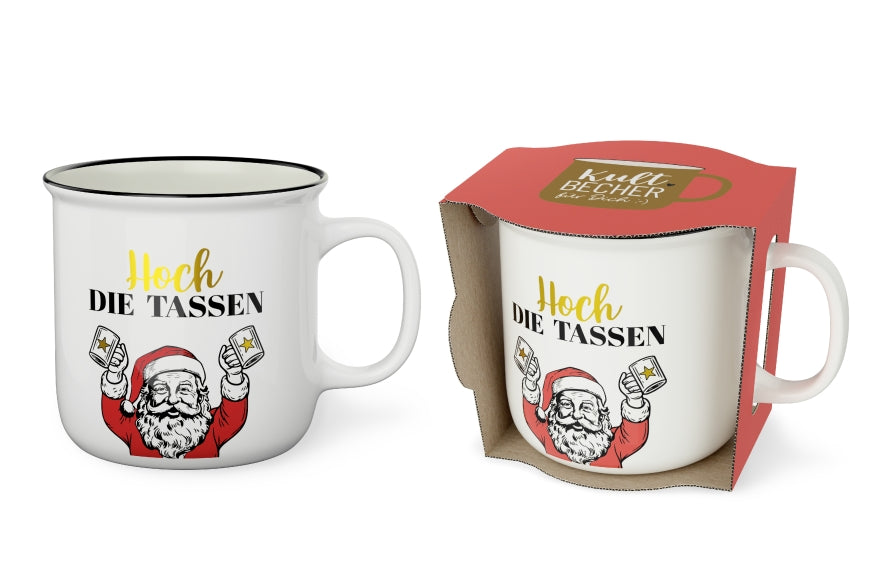 Kultbecher mit Spruch Hoch die Tassen in Weiß mit Weihnachtsmann, New Bone China 250 ml – Geschenk für Dich