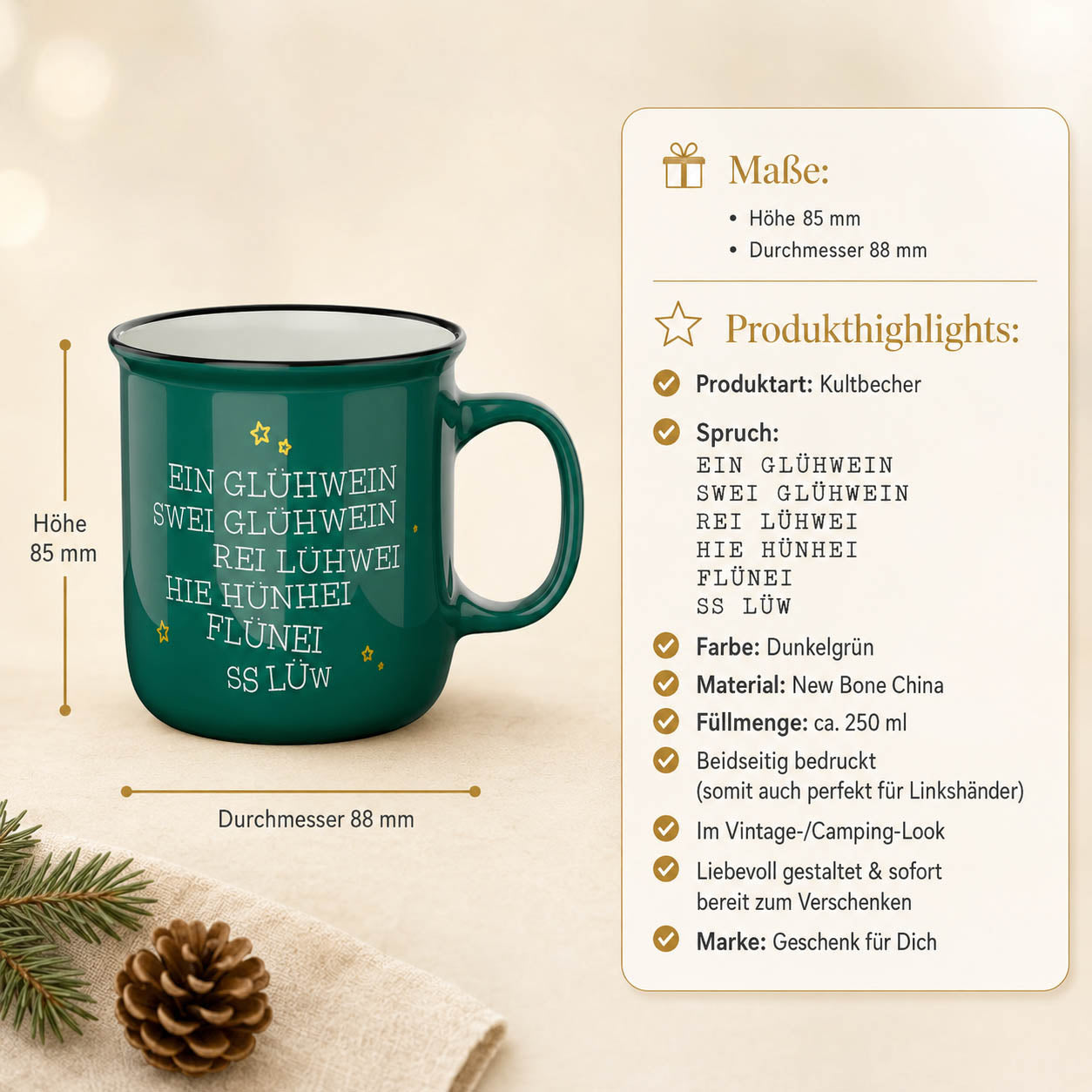 Kultbecher lustiger Glühwein-Spruch – Maße und Produkthighlights, 250 ml New Bone China